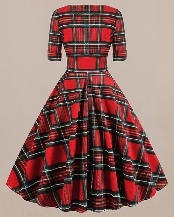 Plaid Printed Stitching Vintage Dress