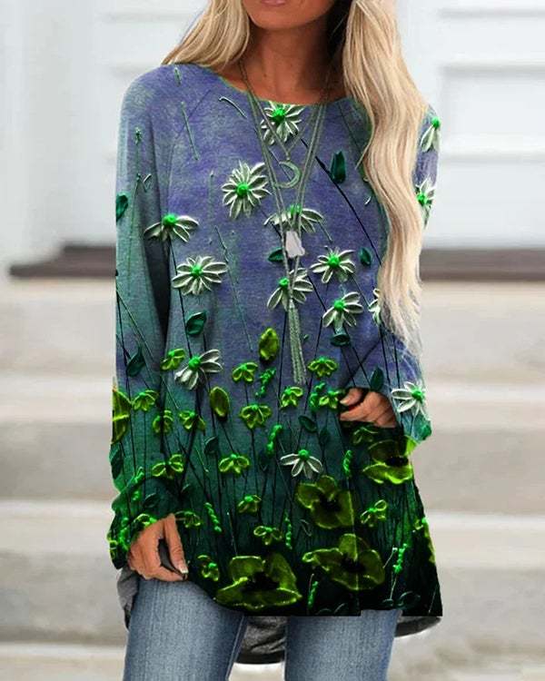 Floral Print Ombre Long Sleeve Casual Shirts&Tops