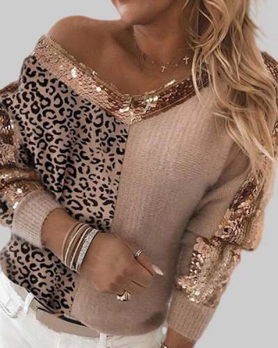 Leopard Print V-neck Stitching Sweater