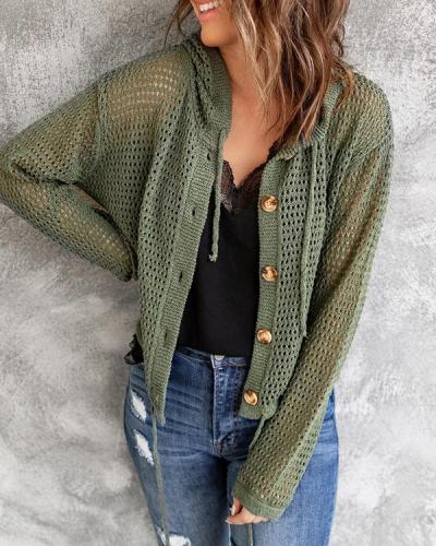 Solid Long Sleeve Knit Hooded Cardigan