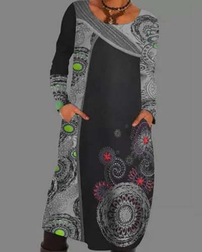 Color Block Pockets Vintage Printed Long Sleeve Dress