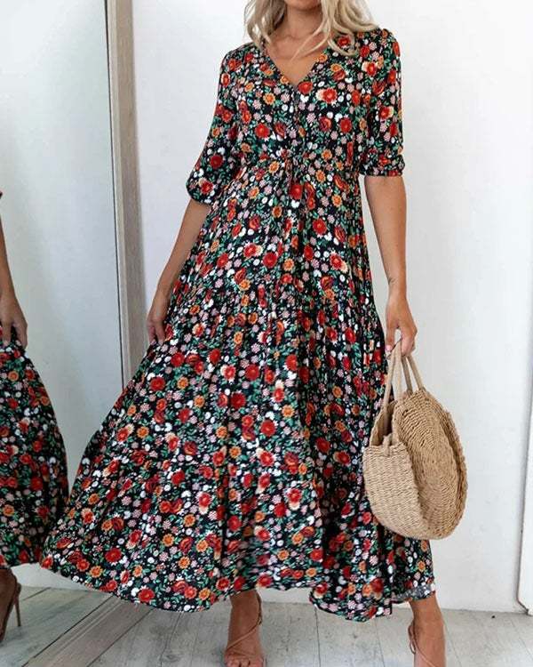 Vintage Half Sleeves Casual A-line Multiflora Maxi Dresses