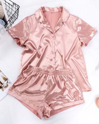 Solid Satin Casual Comfy Shorts Set Loungewear