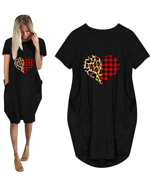 Heart Printed Loose Casual Plus Size Short Sleeve Midi Dress