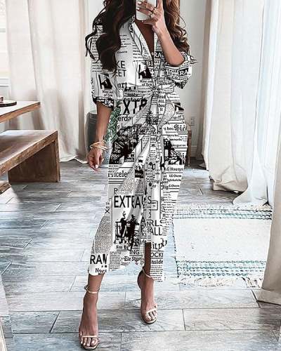 Women Vintage Newspaper Graphic Pleated Belted Maxi Dress