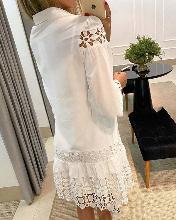 Solid Lace Long Sleeves Shift Knee Length Casual Dresses