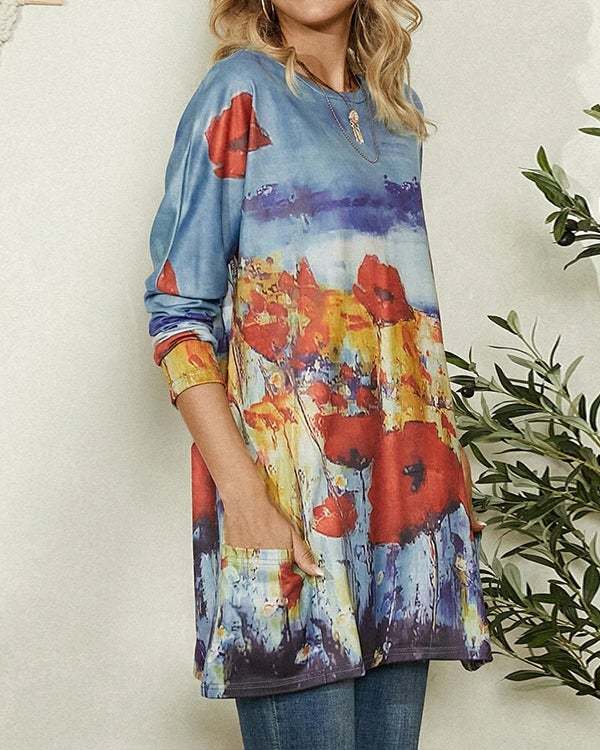 Floral Print Pocket Long Sleeve Casual T-shirt for Women