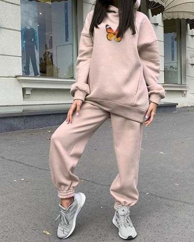 Women Fleece Tracksuits 2 Pieces Sets Oversize Butterfly Print Hoodie&Sweatpants