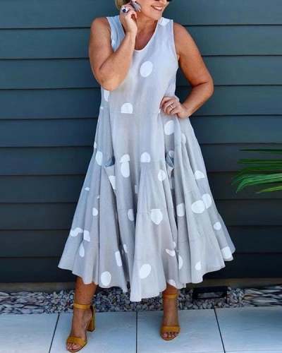 Polka Dots Print Sleeveless Paneled Casual Frill Maxi Dress