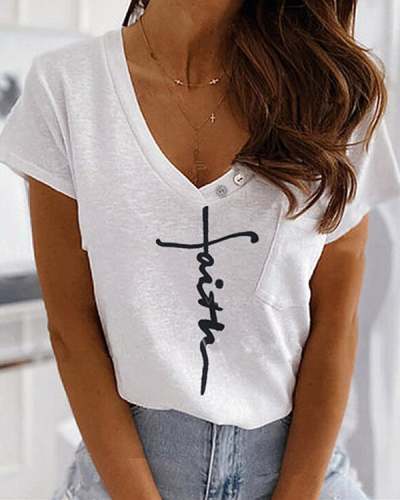 Letter Pattern Print Pocket Design Buttoned Casual T-shirt