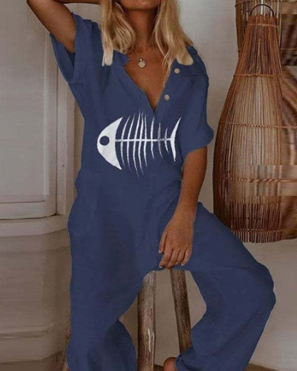 Women Linen Short Sleeve Fish Bone Print Casual Jumpsuit