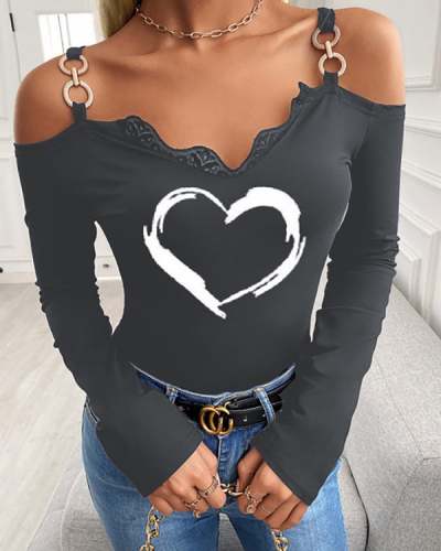 Off Shoulder Long Sleeve Heart Top