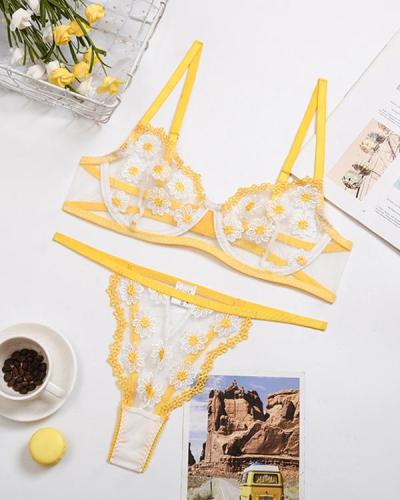 Yellow Daisy Embroidered Mesh Lingerie Set
