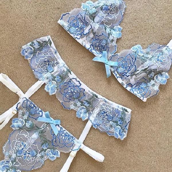 Blue Flower Embroidered lingerie Set