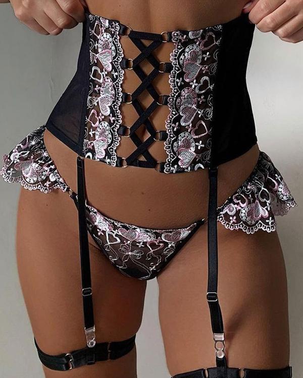 Embroidered Lace Up Waist Trainer Lingerie Set