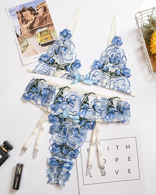 Blue Flower Embroidered lingerie Set