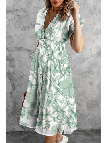 Women's Vintage Plant Printed V-neck Lantern Sleeve Maxi Dress S-5XL