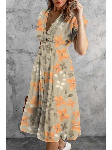 Women's Vintage Plant Printed V-neck Lantern Sleeve Maxi Dress S-5XL