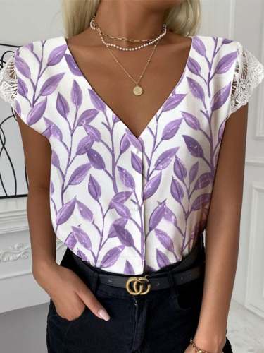 Women's V-Neck Lace Sleeve Shirt S-5XL