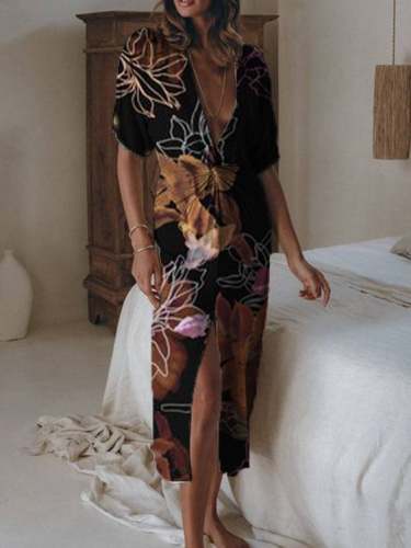 Printed Satin Pleated Elegant Slit V-neck Maxi Dress