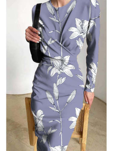 Printed Satin Pleats Elegant Slim Fit Crew Neck Maxi Dress