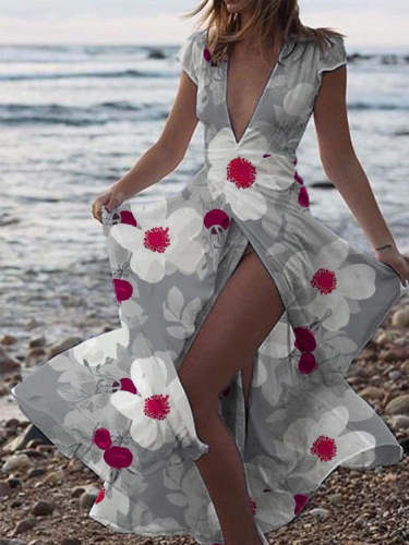 Printed V-Neck Split Beach Casual Dress