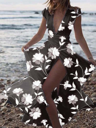 Printed V-Neck Split Beach Casual Dress