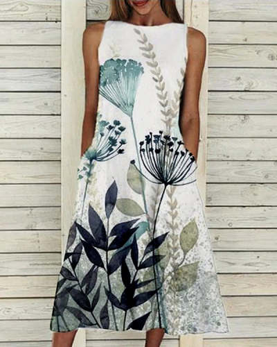 Sleeveless Elegant Crew Neck Floral-Print Dresses