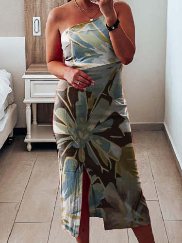 Printed Satin Elegant Fitted One-Shoulder Long Slit Dress