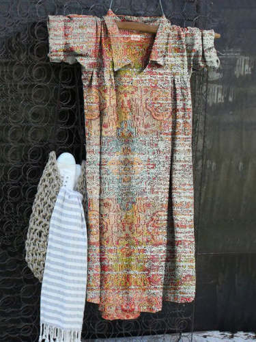 Vintage Print V-Neck Cotton Linen Loose Long Sleeve Dress
