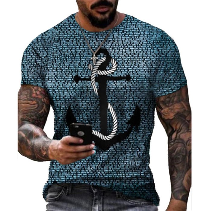 3D Graphic Printed Short Sleeve Shirts  Big and Tall Round Neck Blue Gray Gold
