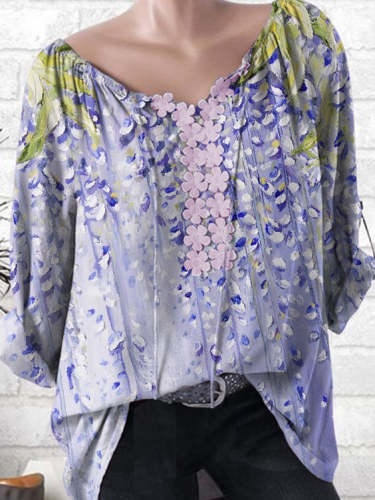 Plus Size Vintage Print Lace Panel V-Neck Cotton Linen Loose Top