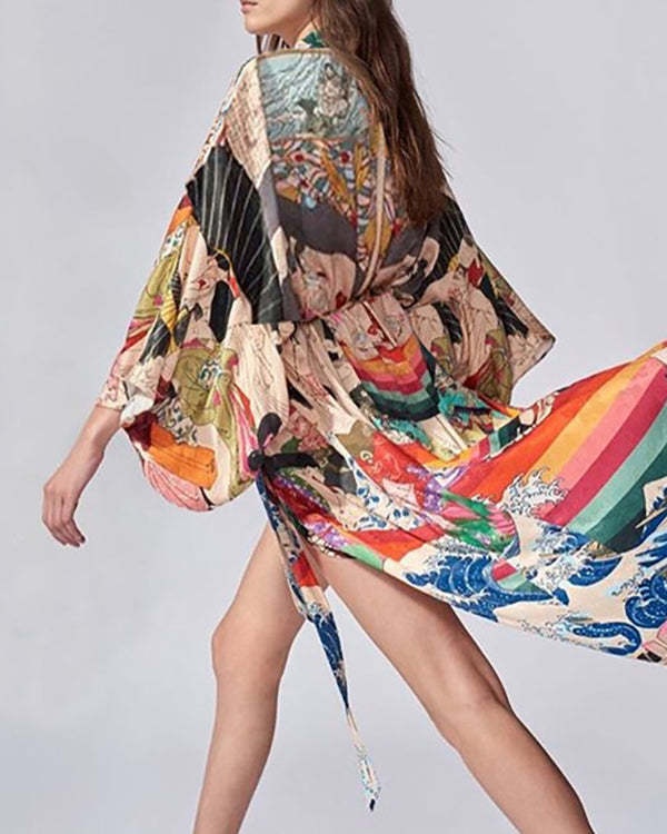Kimono Print Beach Blouse Resort Cardigan