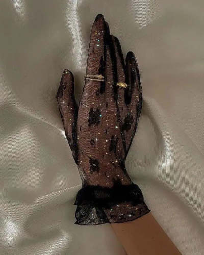 Ladies Sexy Shiny Lace Mesh Clear Gloves