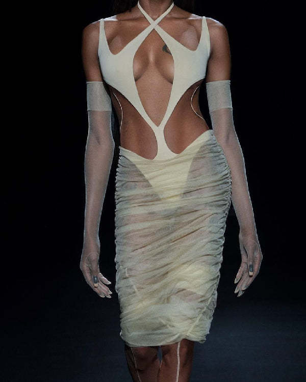 Off Shoulder Lace Up Sexy Sheer Dress