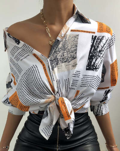 New Loose Plus Size Print Lapel Long Sleeve Ladies Shirt Top