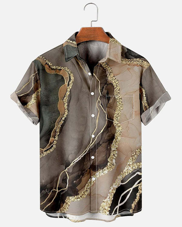 Men's Nature Marble Effect Print Casual Breathable Chest Pocket Short Sleeve Hawaiian Shirts Top