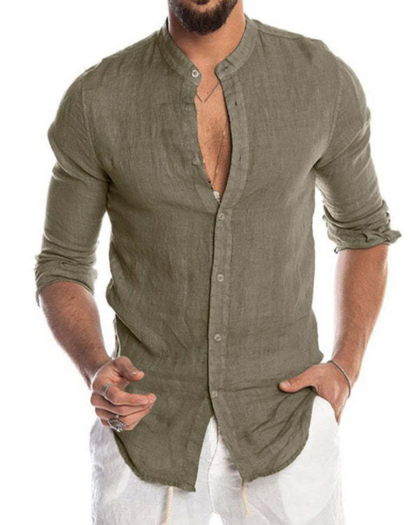 Men's V-neck Linen New Cardigan Stand-neck Long-sleeved Shirt Top