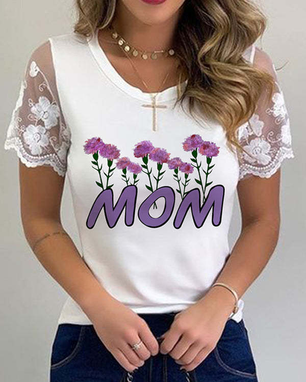 Mother's Day Letter Floral Printed Casual Lace Short Sleeve Round Neck Top