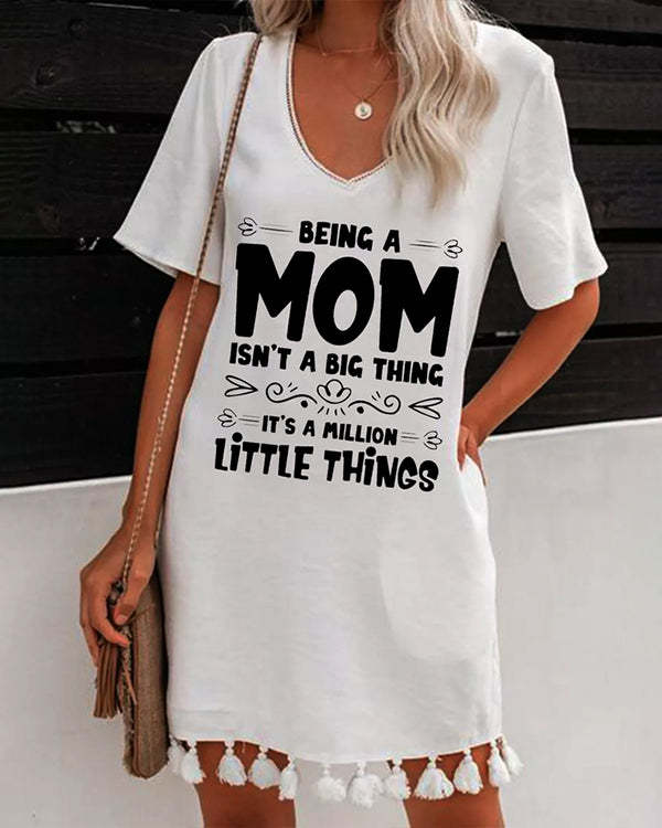 Mother’s Day Casual Letter Round Neck Short Sleeve Knee-length Dress