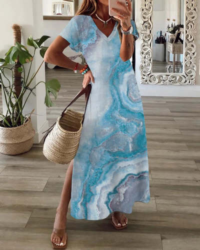 Casual Marble Print V-Neck Short Sleeve Slit Maxi Dress