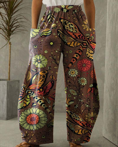 Dragonfly Flower Casual Loose Pants