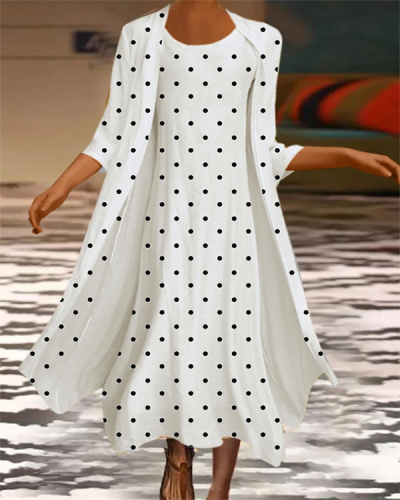 Polka Dot Printing Round Neck Fashion Maxi Dress