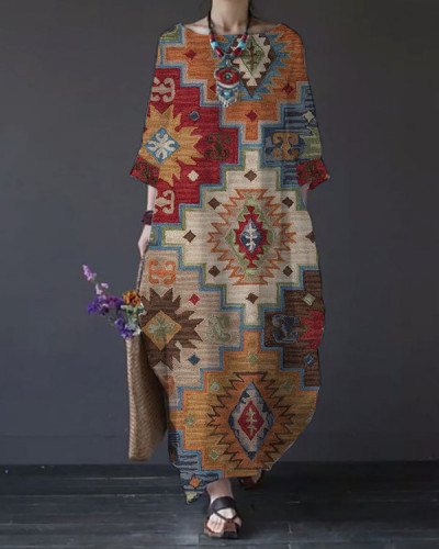 Vintage Ethnic Loose Crew Neck Long Dress