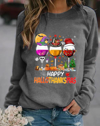 Women's Happy Hallothanksmas Wine Print Sweatshirt