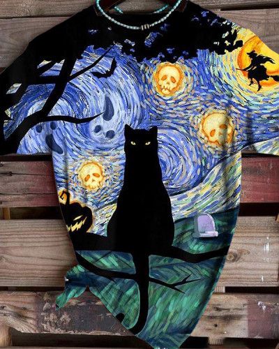 Women's Halloween Witch and Black Cat Print Tee