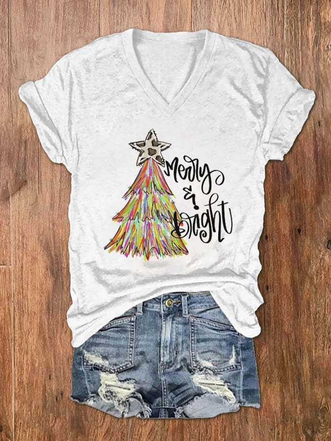 Women's Christmas Tree Merry And Bright Print V-Neck T-Shirt