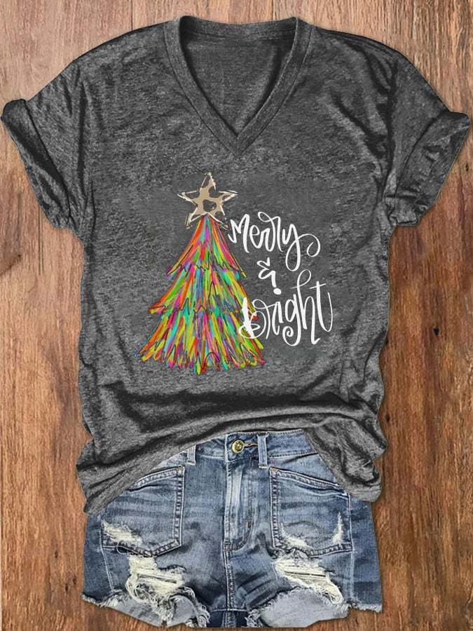 Women's Christmas Tree Merry And Bright Print V-Neck T-Shirt