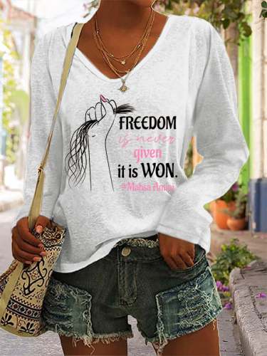 Freedom Is Never Given Mahsa Amini Print V-Neck Casual T-Shirt