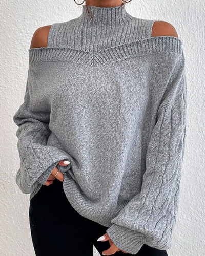 Solid Color Turtleneck Cutout Off Shoulder Long Sleeve Loose Casual Sweater